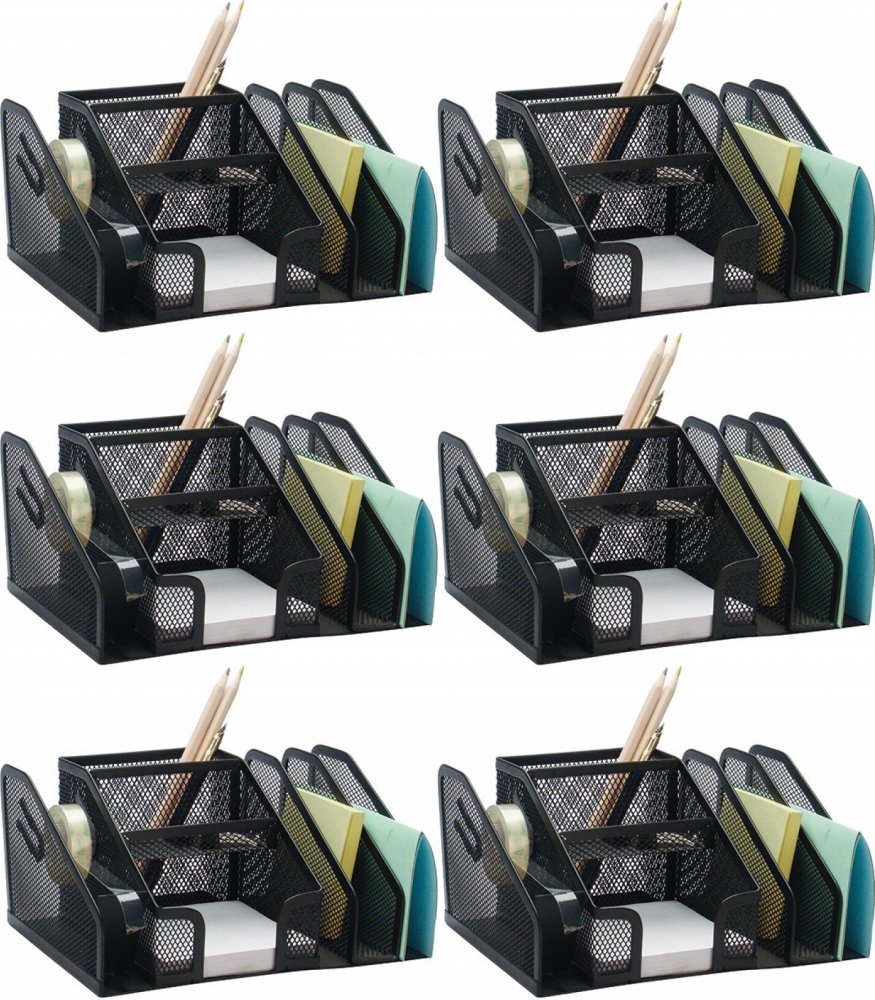6x Przybornik na biurko Q-Connect Office Set, bez wyposażenia, metalowy (druciany), 7 przegród, 205x145x100mm, czarny