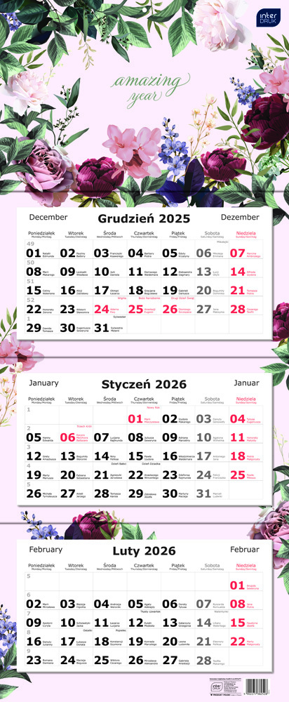 Kalendarz ścienny 2026, Interdruk, trójdzielny, 34x82.5cm, Kwiaty