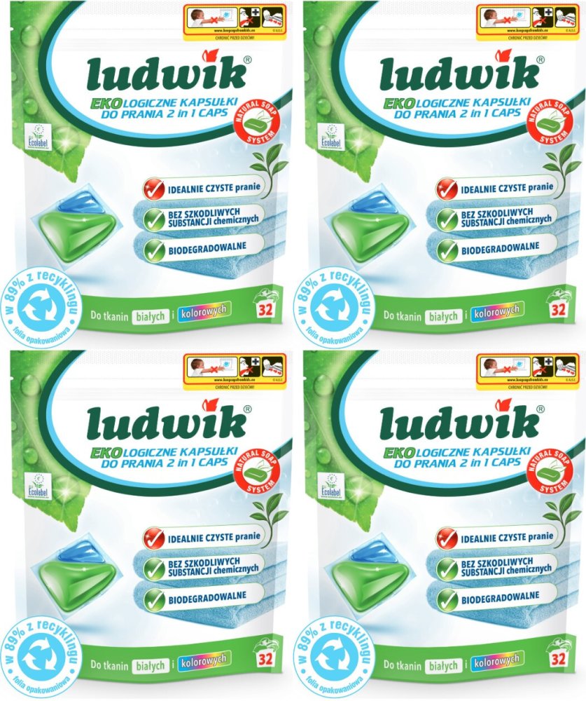 4x Kapsułki do prania tkanin białych i kolorowych Ludwik Ekologiczny 2 in 1, 32 sztuki