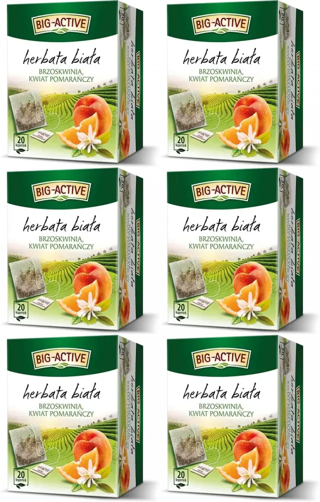 6x Herbata biała smakowa w torebkach Big Active, brzoskwinia i kwiat pomarańczy, 20 sztuk x 1.5g