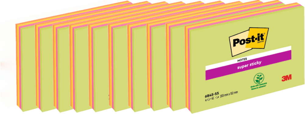12x Karteczki samoprzylepne Post-it Super Sticky, 200x149mm, 4x45 karteczek, mix kolorów neonowych