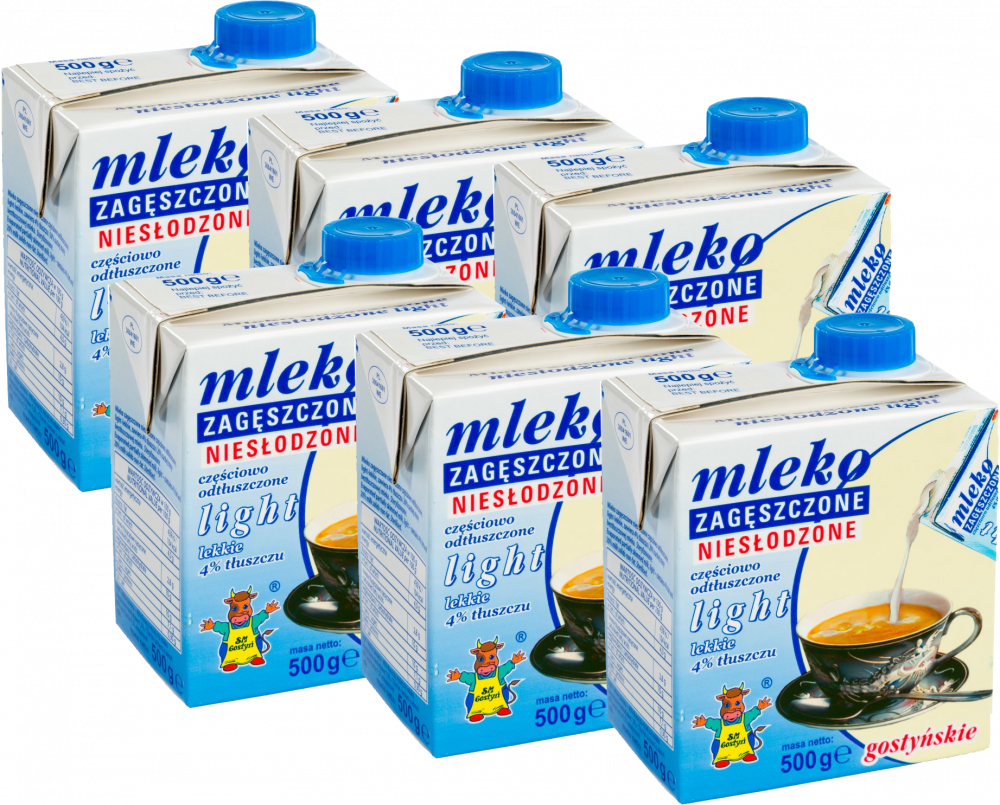 6x Mleko zagęszczone niesłodzone Gostyń, light, 4%, 500g