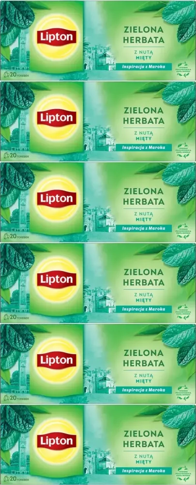 6x Herbata zielona smakowa w torebkach Lipton Green Tea Mint, mięta, 20 sztuk x1.3g