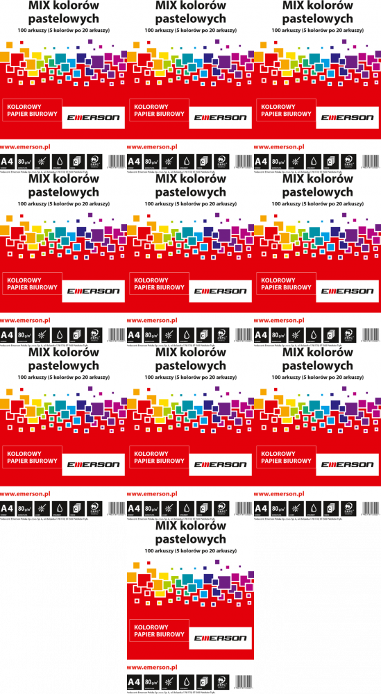 10x Papier kolorowy Emerson, A4, 80g/m2, 100 arkuszy, mix kolorów pastelowych 5x20 ark.