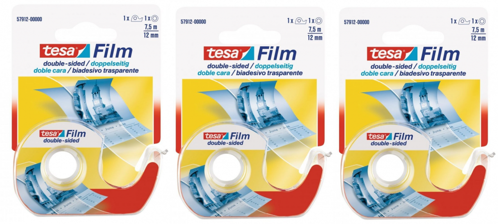 3x podajnik do taśmy klejącej Tesa Film + taśma dwustronna 12mmx7.5m, transparentny