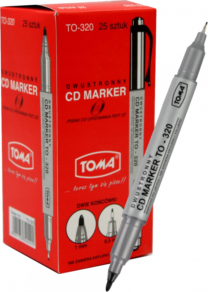 25x Marker dwustronny do płyt CD i DVD Toma TO-320, okrągła, 0.5mm/ 0.8mm, czarny