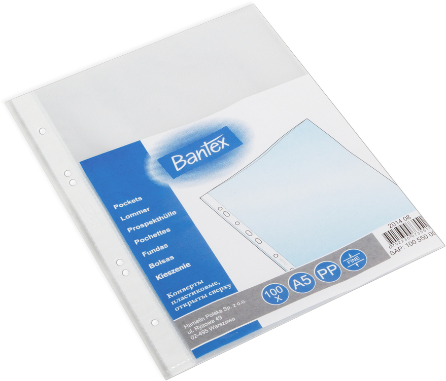 Koszulki groszkowe Bantex, A5, 50 μm, 100 sztuk, transparentny
