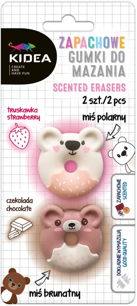Gumka do ścierania Kidea Misie, zapachowa, 2 sztuki, mix kolorów