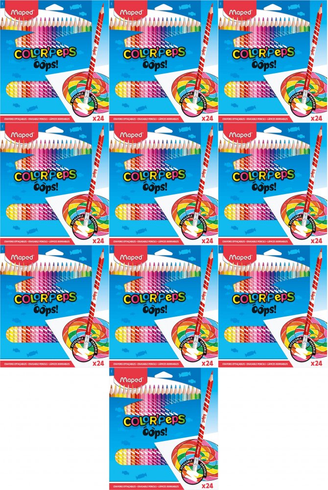 10x Kredki ołówkowe trójkątne Maped Color'Peps Oops, z gumką, 24 sztuki, mx kolorów