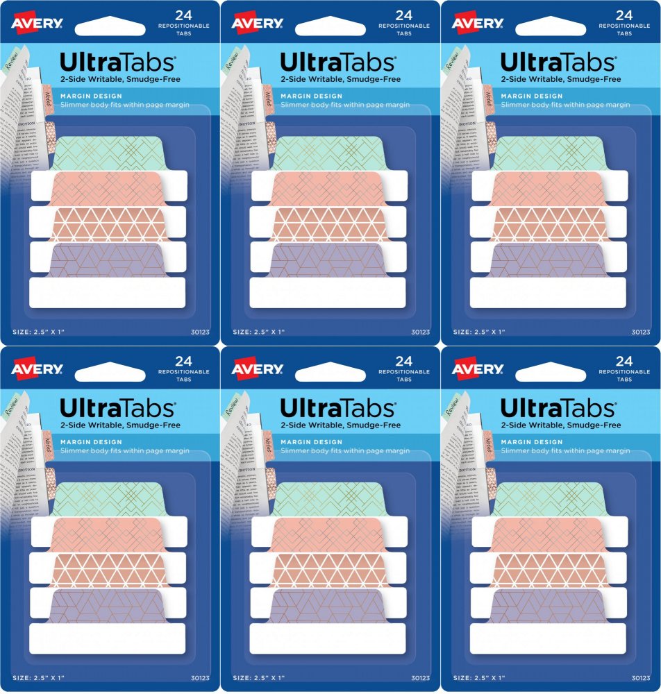 6x Zakładki samoprzylepne Avery Zweckform Ultra Tabs 30123, indeksujące ze wzorkami, folia, 65.5x25.4mm, 24 sztuki, mix kolorów