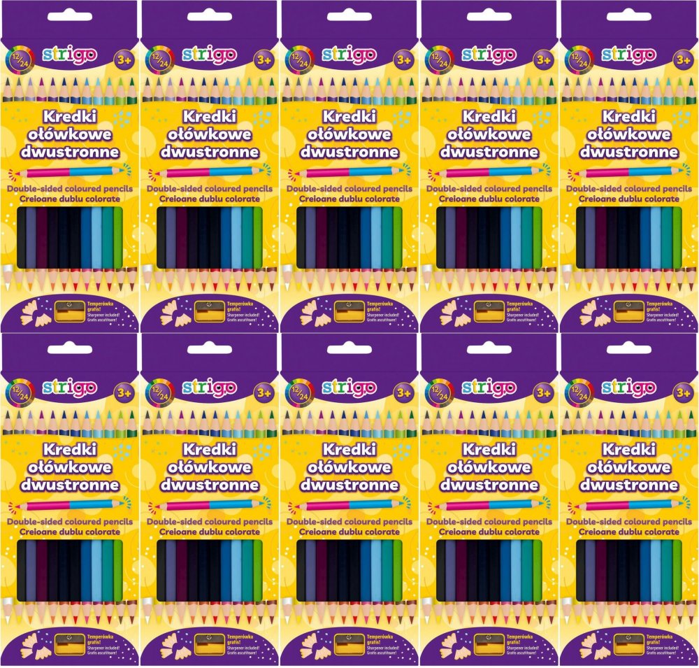 10x Kredki ołówkowe Strigo, dwustronne, trójkątne, 12 sztuk/24 kolory+ temperówka