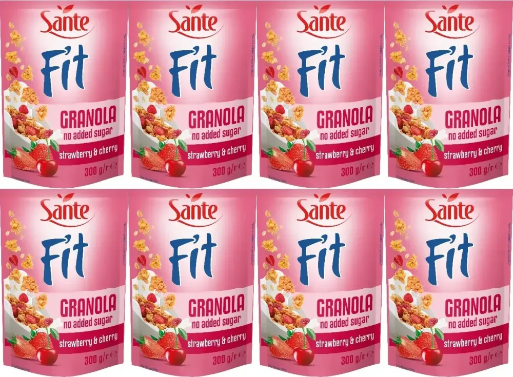 8x Granola Sante Fit, wiśnia/truskawka, bez cukru, 300g