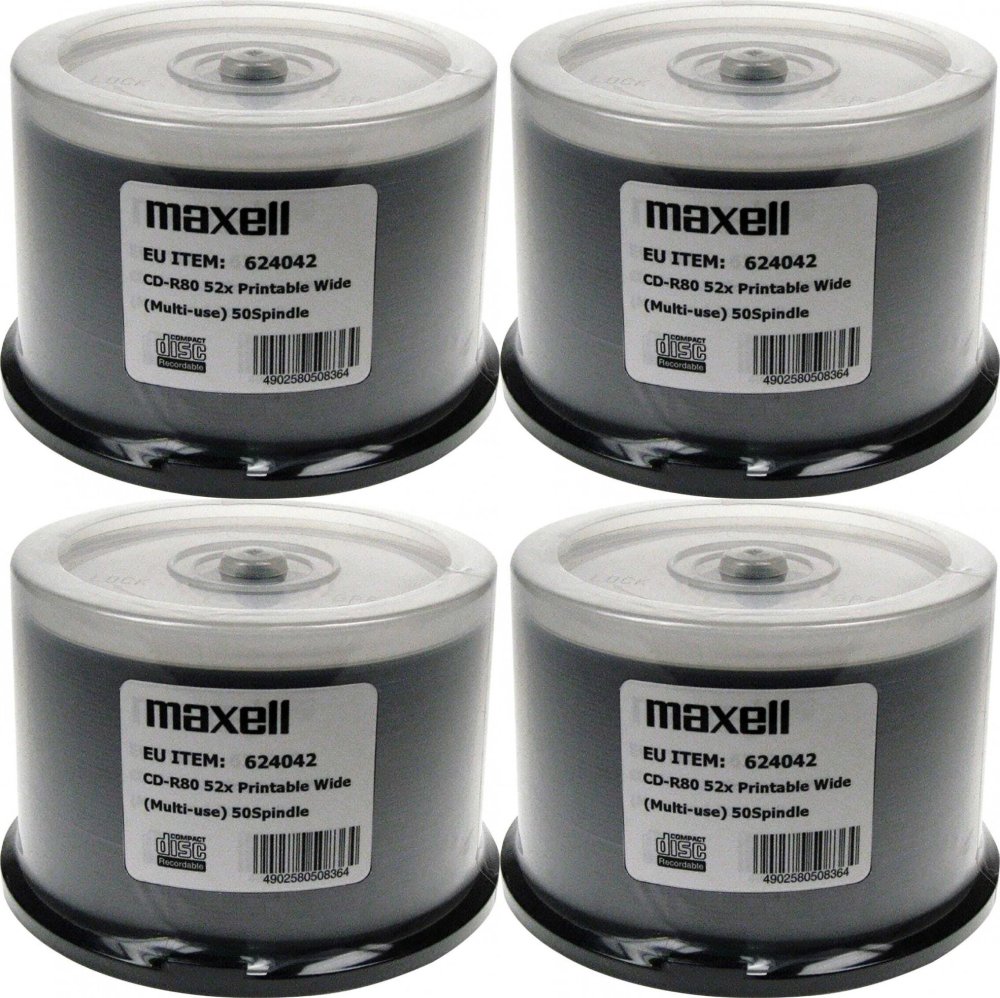 4x Płyty CD-R Maxell, do nadruku, do jednokrotnego zapisu, 700MB, 52x, cake box, 50 sztuk