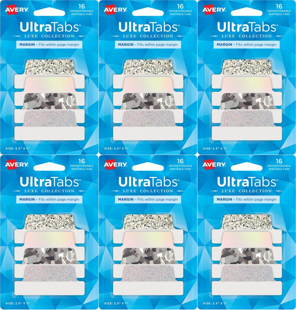 6x Zakładki samoprzylepne Avery Zweckform Ultra Tabs 74179, indeksujące, folia, 63.5 x 25.4mm, 16 sztuk, srebrny holograficzny
