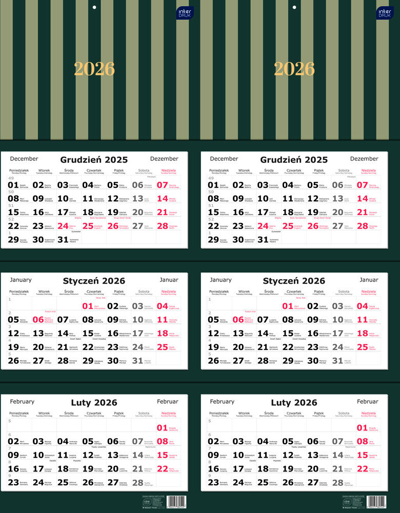 2x Kalendarz ścienny 2026, Interdruk, trójdzielny, 34x82.5cm, Paski