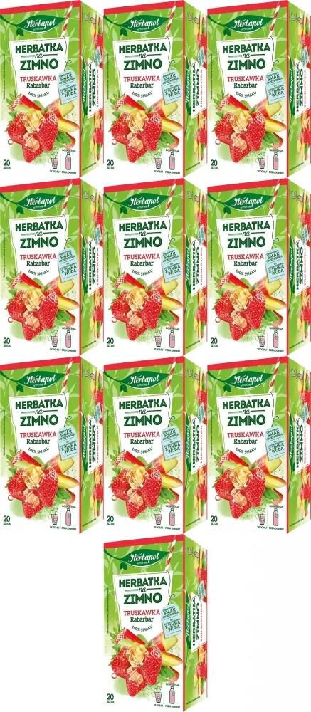 10x Herbata owocowo-ziołowa w kopertach Herbapol, na zimno, truskawka i rabarbar, 20 sztuk x 1.8g