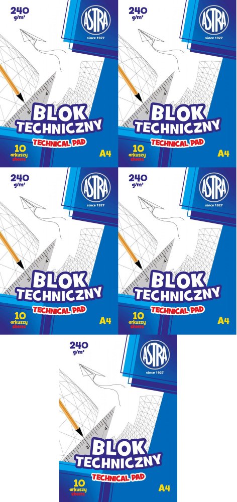 5x Blok techniczny Astra, A4, 240g, 10 kartek, biały