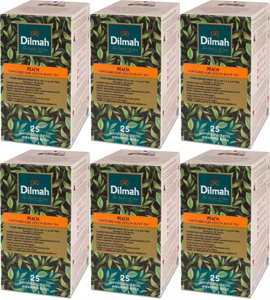 6x Herbata czarna aromatyzowana w kopertach Dilmah, brzoskwinia, 25 sztuk x 2g