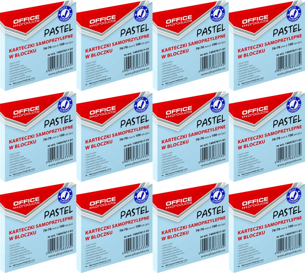 12x Karteczki samoprzylepne Office Products, 76x76mm, 100 karteczek, niebieski pastelowy