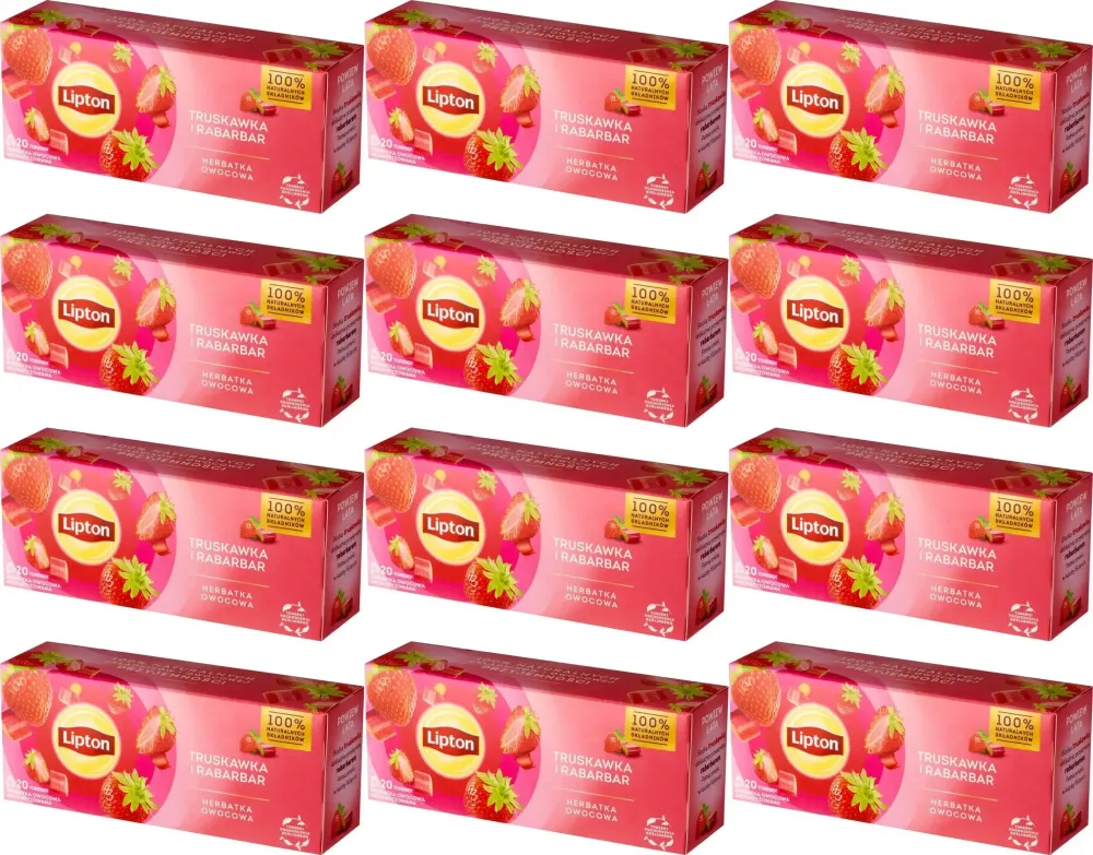 12x Herbata owocowa w torebkach Lipton, truskawka i rabarbar, 20 sztuk x 1.6g