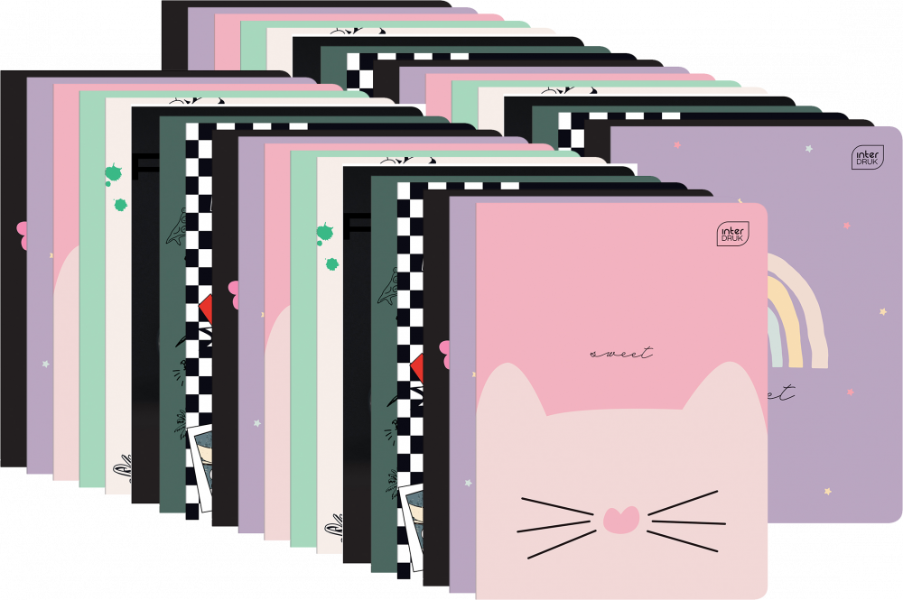 50x Zeszyt w kratkę Interdruk, A5, miękka oprawa, 32 kartki, mix wzorów