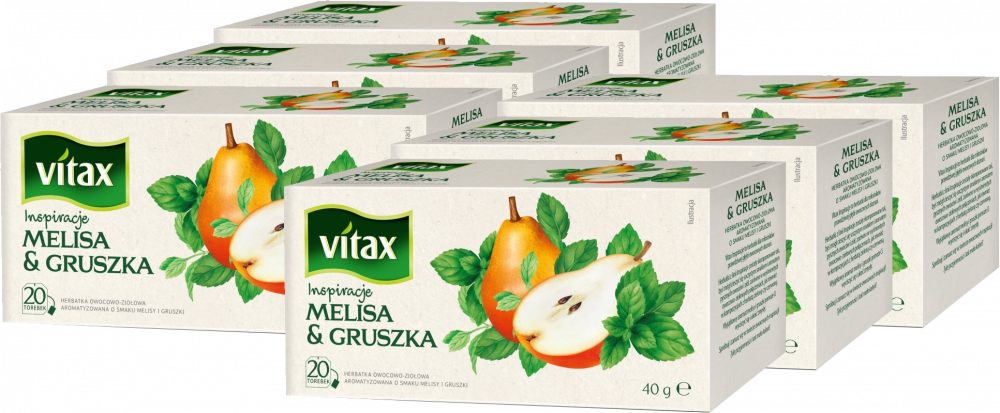 6x Herbata owocowa w torebkach Vitax Inspirations, melisa i gruszka, 20 sztuk x 2g