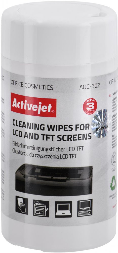 Ściereczki nawilżone do czyszczenia ekranów LCD/TFT Activejet AOC-302, tuba, 100 sztuk