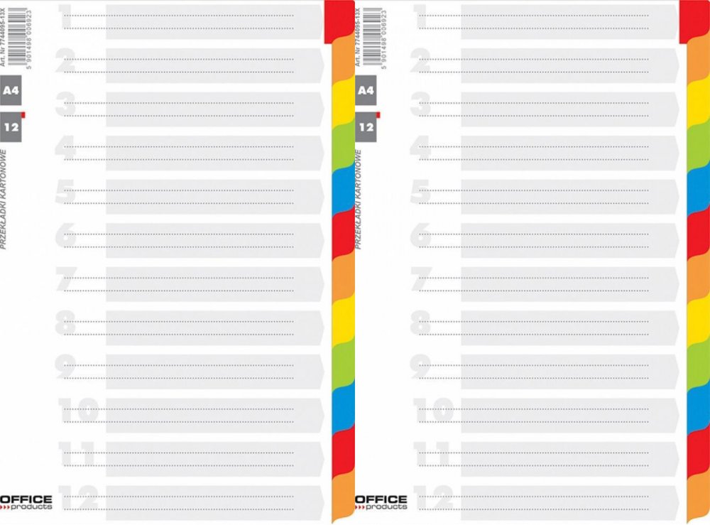 2x Przekładki do segregatora Office Products, kartonowe, A4, 12 kart, mix kolorów