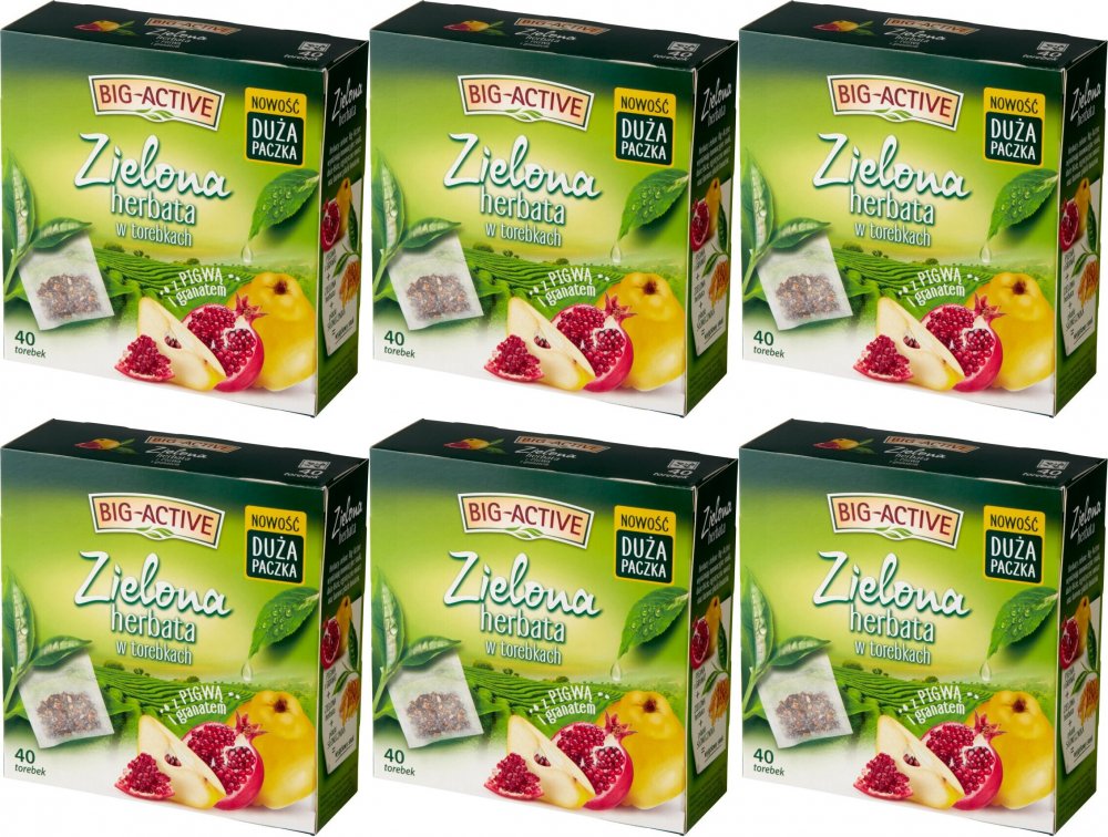 6x Herbata zielona aromatyzowana w torebkach Big-Active, pigwa+granat, 40 sztuk x 1,5g