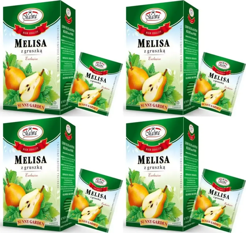 4x Herbata ziołowa w kopertach Malwa, melisa z gruszką, 20 sztuk x 2g