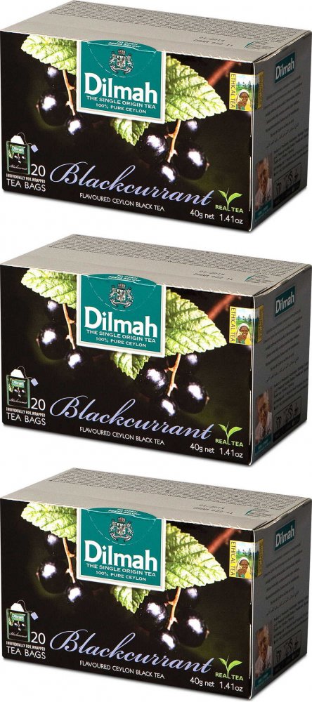 3x Herbata czarna aromatyzowana w kopertach Dilmah, czarna porzeczka, 20 sztuk x 2g