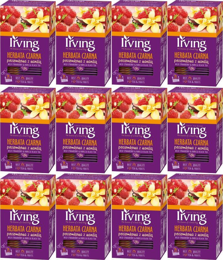 12x Herbata czarna aromatyzowana w kopertach Irving, poziomka z wanilią, 20 sztuk x 1.5g