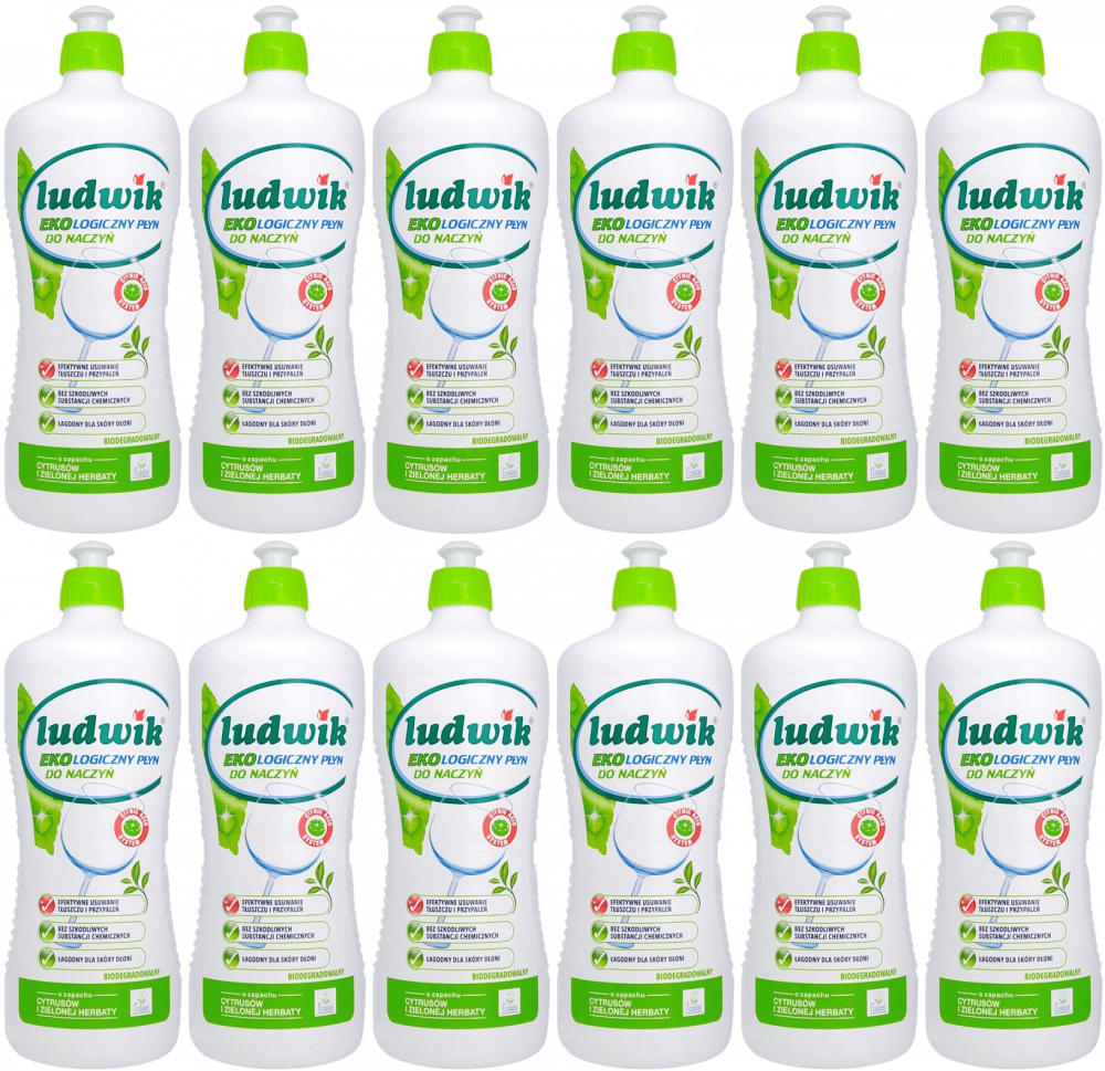 12x Płyn do naczyń Ludwik Ekologiczny, cytrusy i zielona herbata, 900ml
