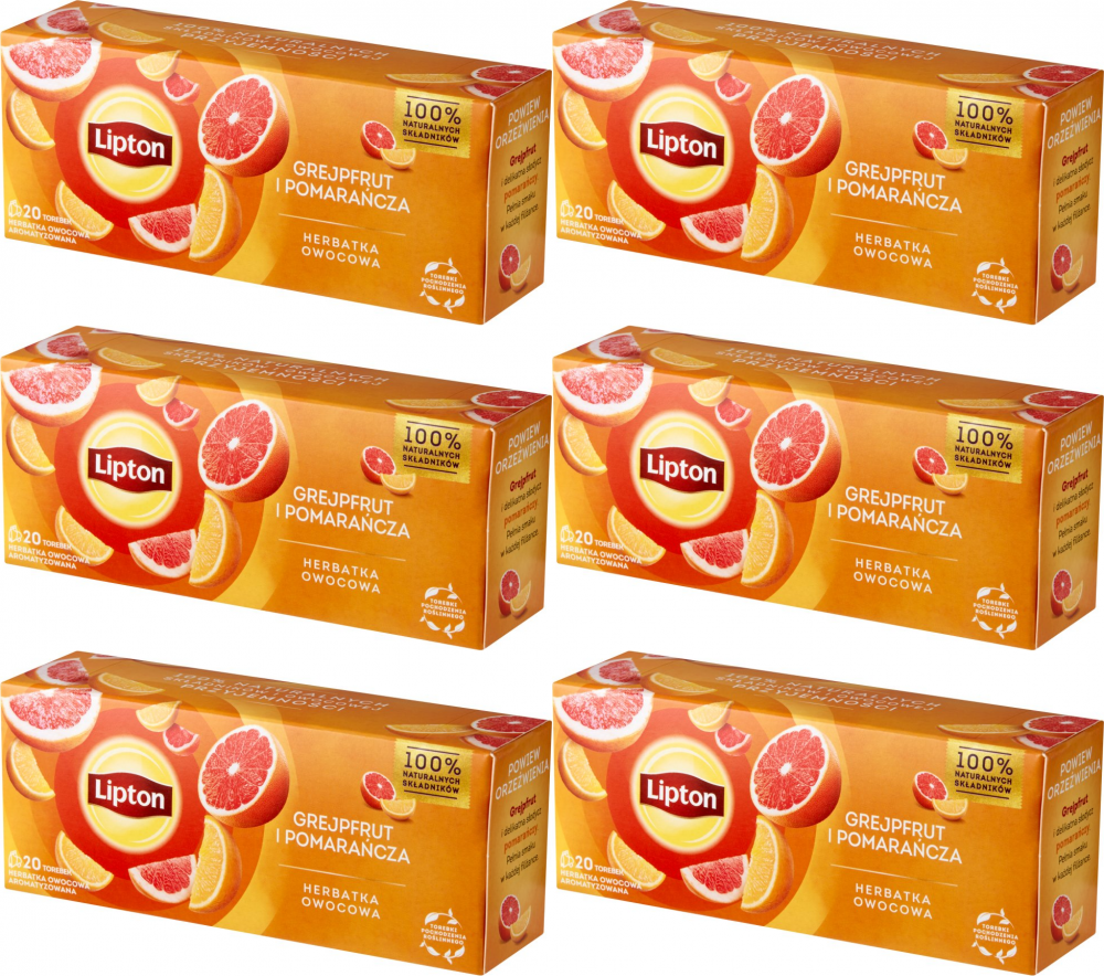 6x Herbata owocowa w torebkach Lipton, grejfrut i pomarańcza, 20 sztuk x 1.7g