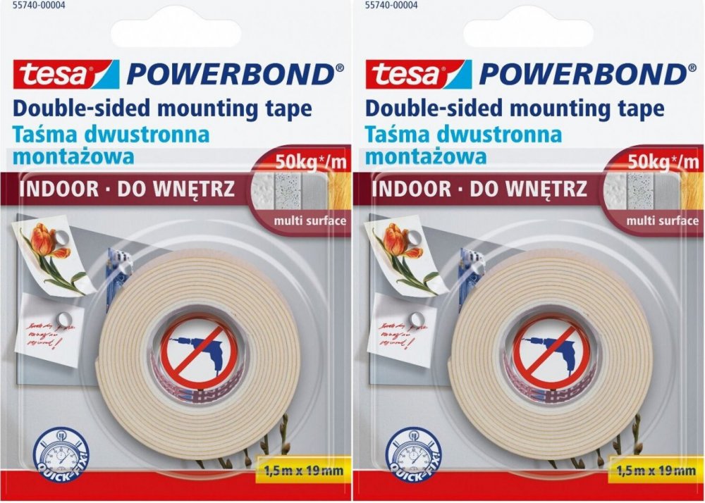 2x Taśma montażowa dwustronna Tesa Powerbond Indoor, 19mm x 1.5m, transparentny