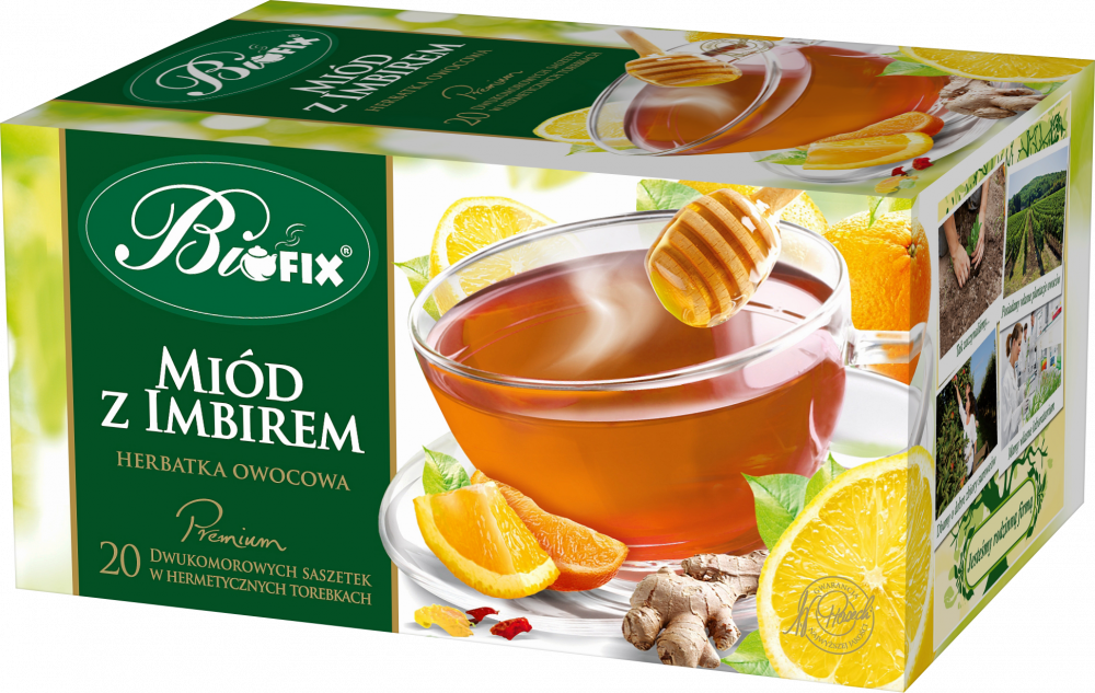 Herbata owocowa w kopertach BiFix Premium, miód z imbirem, 20 sztuk x 2g