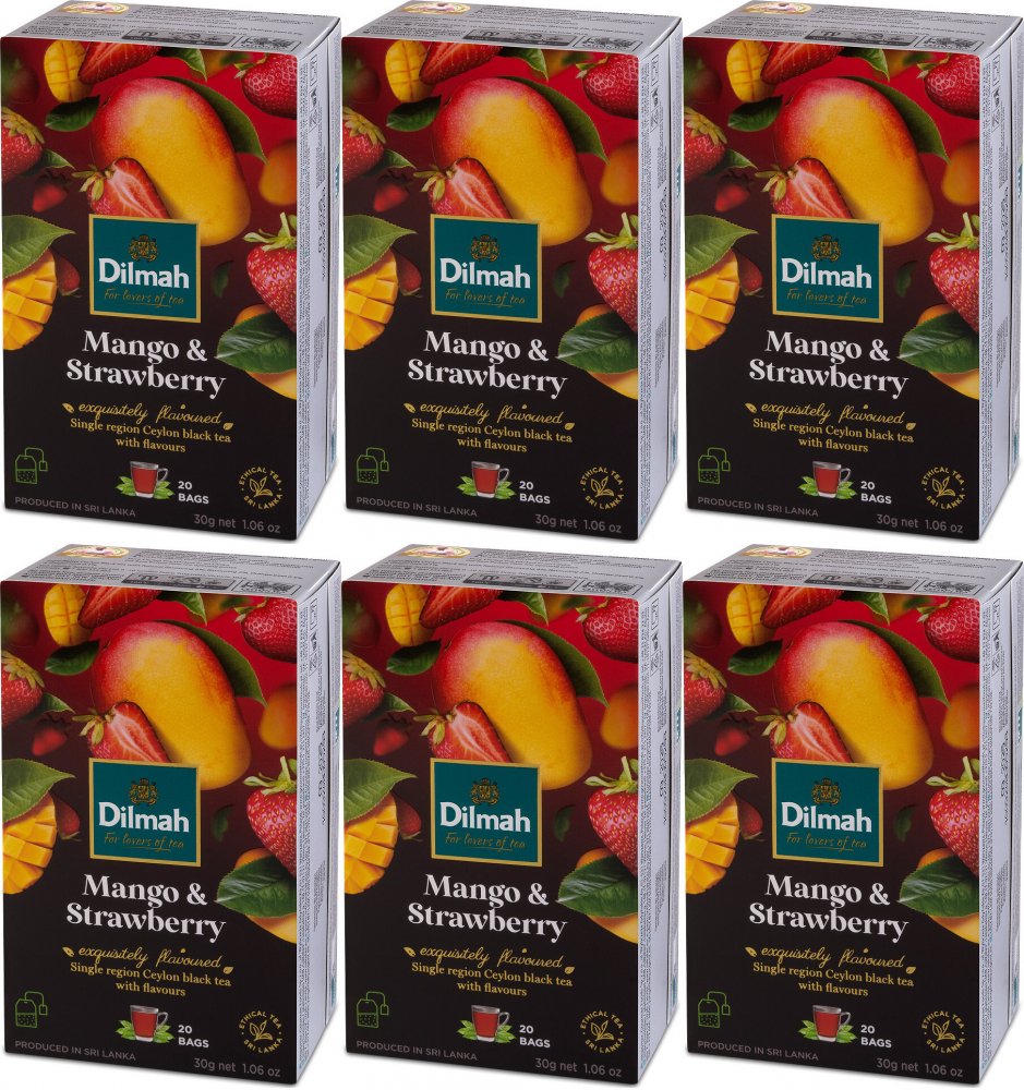 6x Herbata czarna aromatyzowana w torebkach Dilmah, mango i truskawka, 20 sztuk x 1.5g