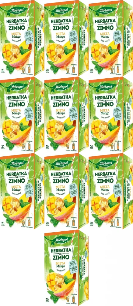 10x Herbata owocowo-ziołowa w kopertach Herbapol, na zimno, mięta z mango, 20 sztuk x 1.8g