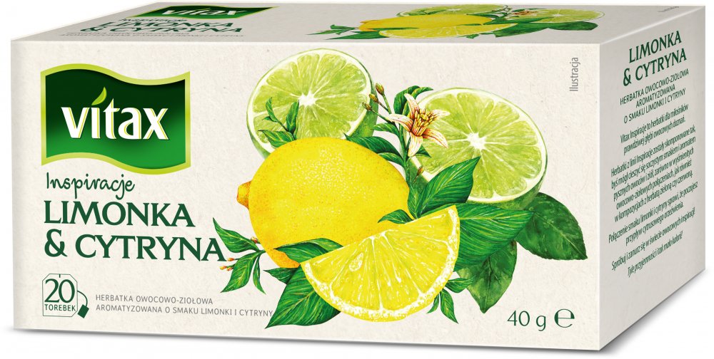Herbata owocowa w torebkach Vitax Inspirations, limonka i cytryna, 20 sztuk x 2g