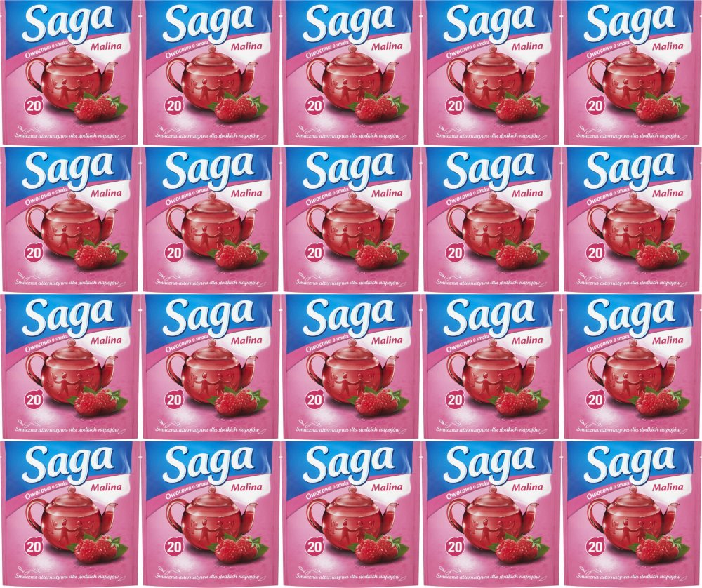 20x Herbata owocowa w torebkach Saga, malina, 20 sztuk x 1.7g