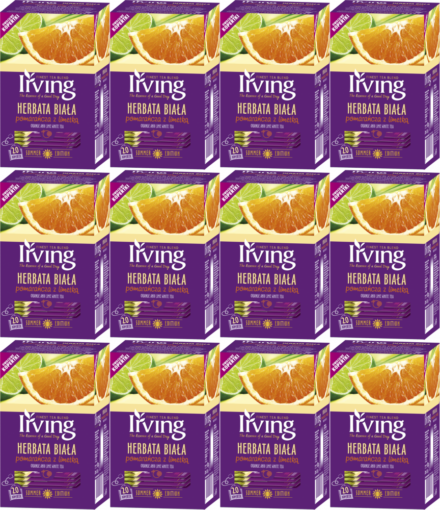 12x Herbata biała smakowa w kopertach Irving, pomarańcza z limetką, 20 sztuk x 1.5g