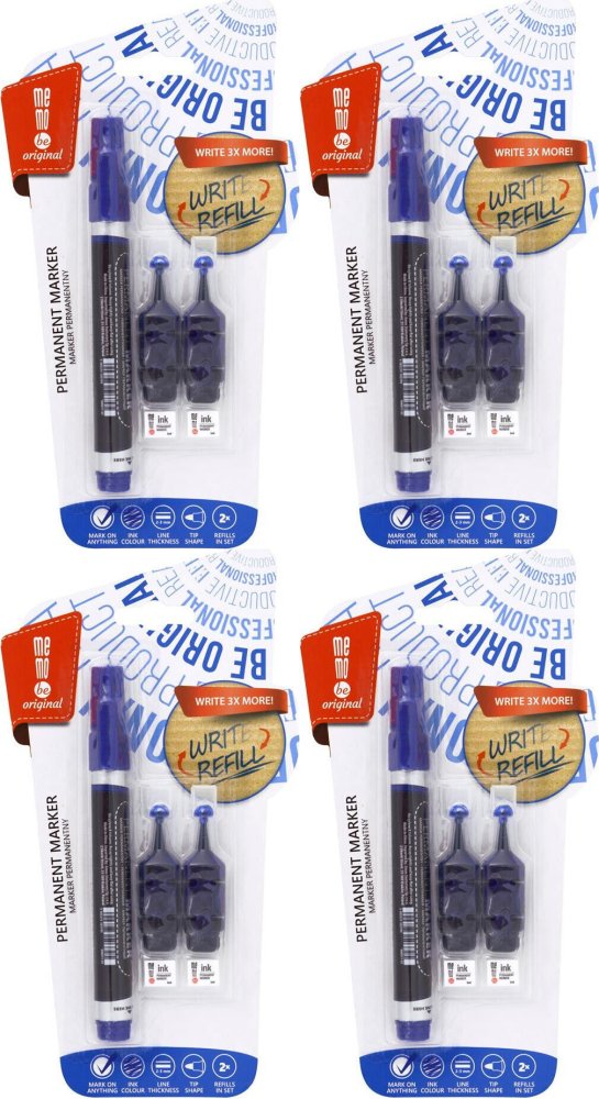 4x Marker permanentny MemoBe + 2 ampułki z zapasowym tuszem, okrągła, niebieski