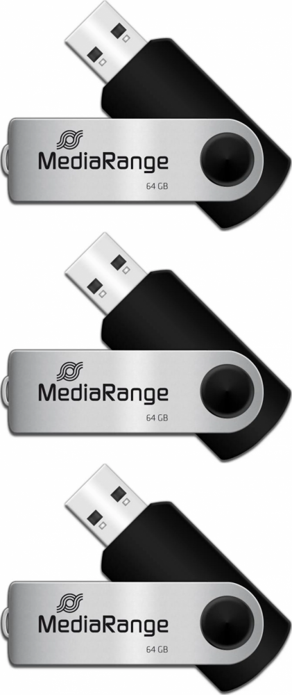 3x Pendrive MediaRange, 64GB, obracany, USB 2.0, srebrno-czarny