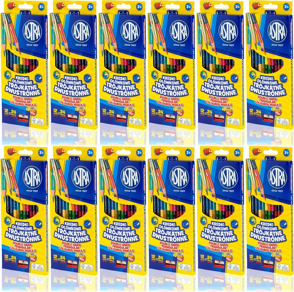 12x Kredki ołówkowe dwustronne Astra, trójkątne, 12 sztuk (24 kolory) + temperówka, mix kolorów