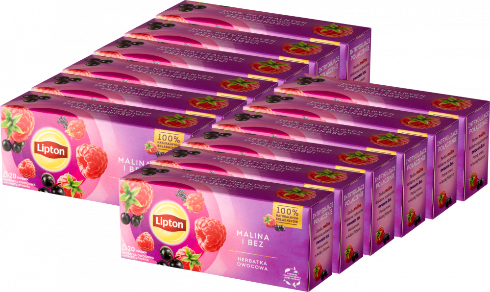 12x Herbata owocowa w torebkach Lipton, malina i bez, 20 sztuk x 1.6g
