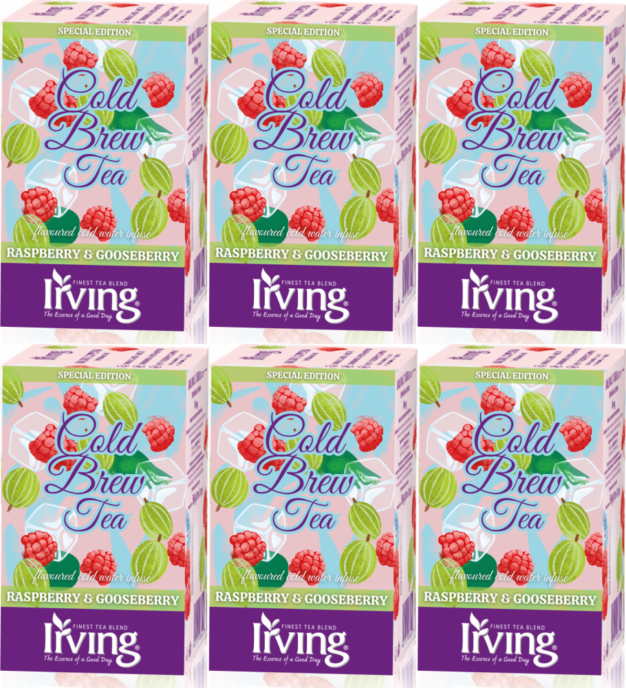 6x Herbata owocowo-ziołowa w kopertach Irving Cold Brew Tea, na zimno, malina i agrest, 20 sztuk x 1.8g