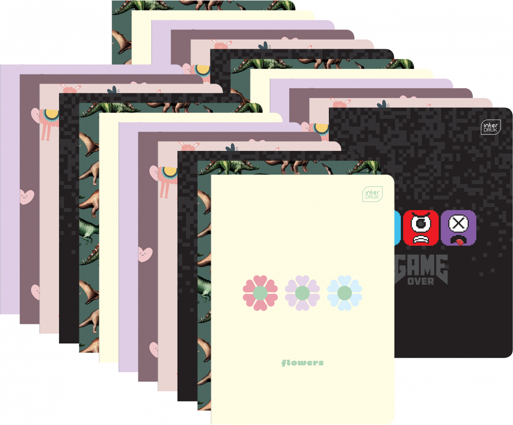 80x Zeszyt w wąskie kolorowe linie Interdruk, A5, miękka oprawa, 16 kartek, mix wzorów