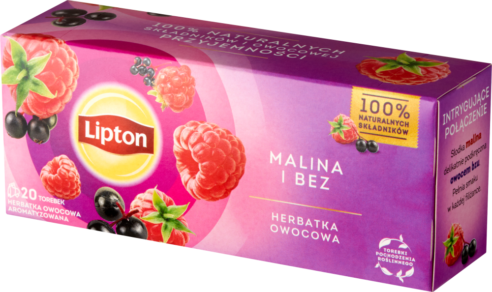 Herbata owocowa w torebkach Lipton, malina i bez, 20 sztuk x 1.6g