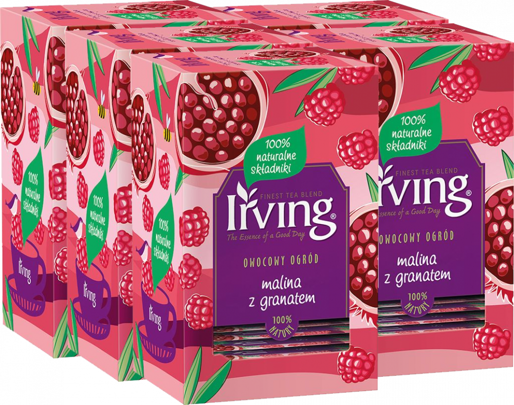 5x Herbata owocowa w kopertach Irving, malina z granatem, 20 sztuk x 2g