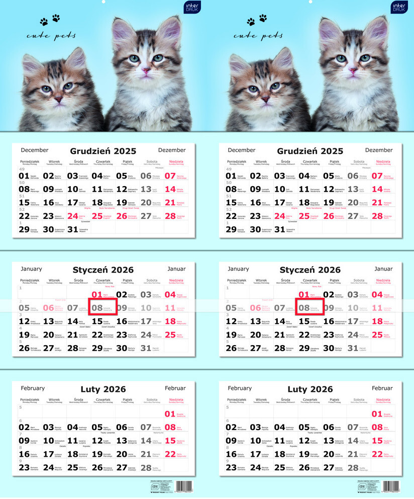 2x Kalendarz ścienny 2026, Interdruk, trójdzielny, 34x82.5cm, Koty